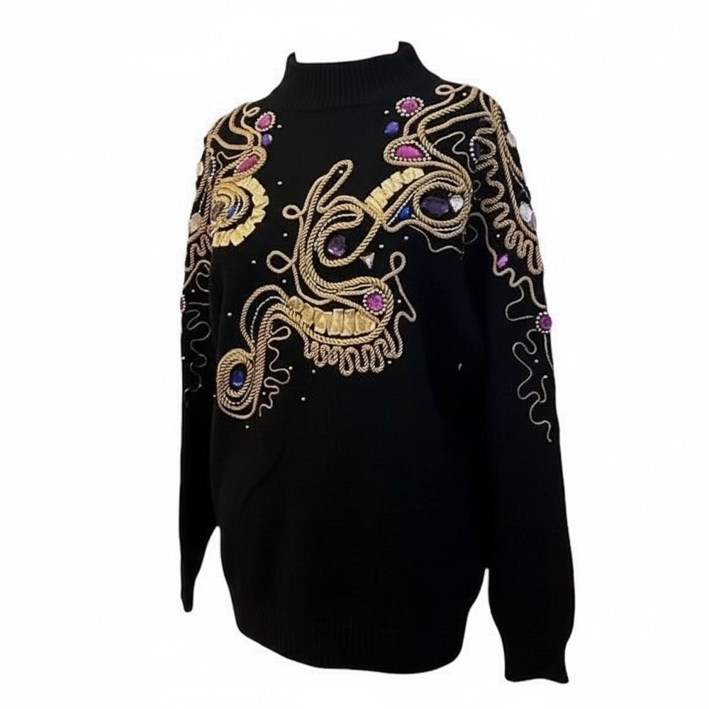 Cedars Black Oversized Ornate Jeweled Women's Sweater Multi Gem‎ Toned, Large